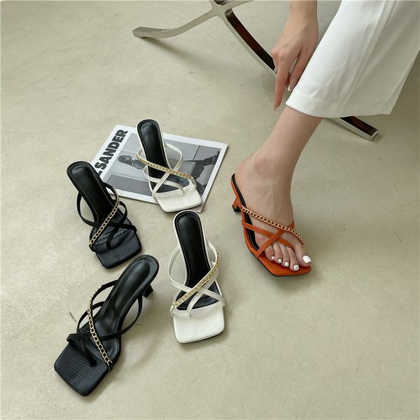 

summer new gold chain thong sandals shoes sandalen dames cross strap slides flip sandals comfy shoes casual shoes women size42, Black