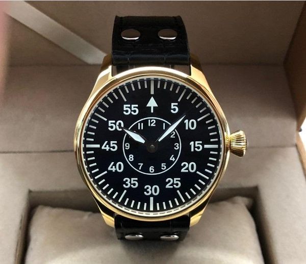 

wristwatches sapphire crystal or mineral glass 44mm no logo two hands asian 6497 mechanical movement golden case c3 luminous men's watc, Slivery;brown