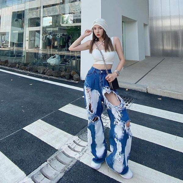 

women's jeans european station ripped knee-high contrast fashion wide-leg mopping pants beggar casual trend, Blue