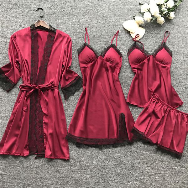 

new women pajamas sets satin sleepwear silk 4 pieces nightwear pyjama spaghetti strap lace sleep lounge pijama with chest pads, Black;red