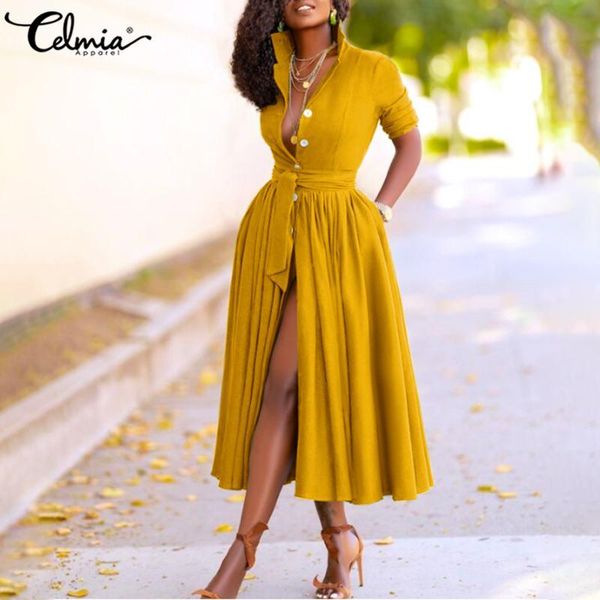 

casual dresses celmia elegant women midi dress 2021 autumn long sleeve vintage buttons shirt plus size loose belted party vestidos, Black;gray