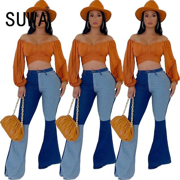 

patchwork women long pant high waist jeans trousers for woman slim summer spring pants women's & capris, Black;white