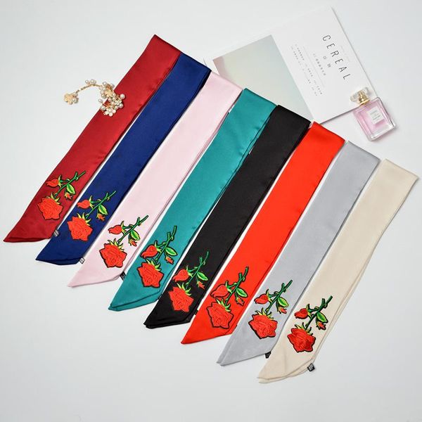 

scarves women skinny stripe scarf embroidery head design foulard rose floral small bandana fashion neckwear choker [1280], Blue;gray