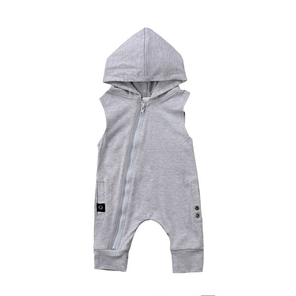 

0-24m casual fashion baby girls boys cotton sleeveless hooded zipper grey button pocket romper outfit summer baby clothes, White