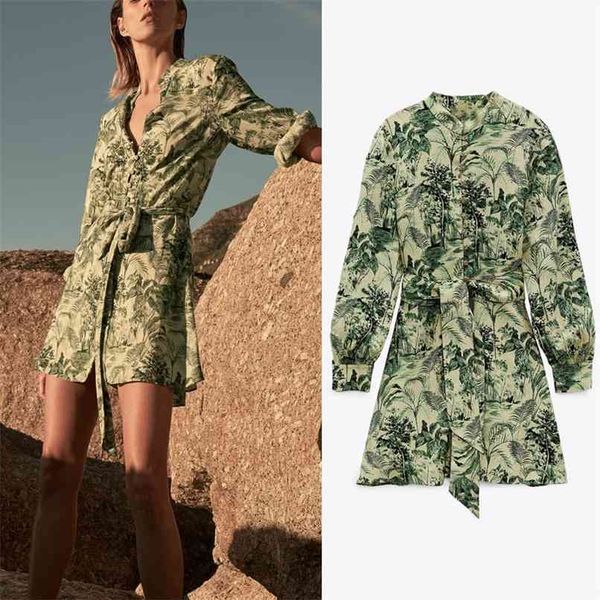 

vintage print shirt dress women long sleeve tied belt green summer feminine chic button up slim mini party es 210524, Black;gray