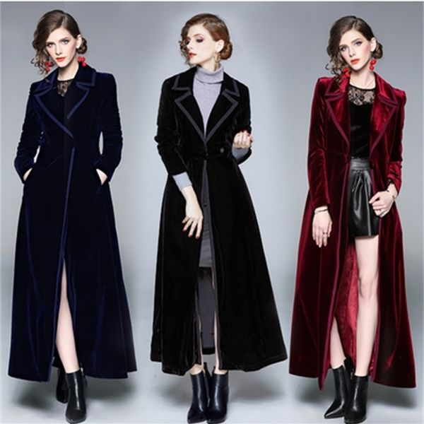 Winter Runway Designer Frauen Vintage Kerbkragen Wrap Schwarz Samt Maxi Mantel Dicke Warme Lange Graben Outwear 210825