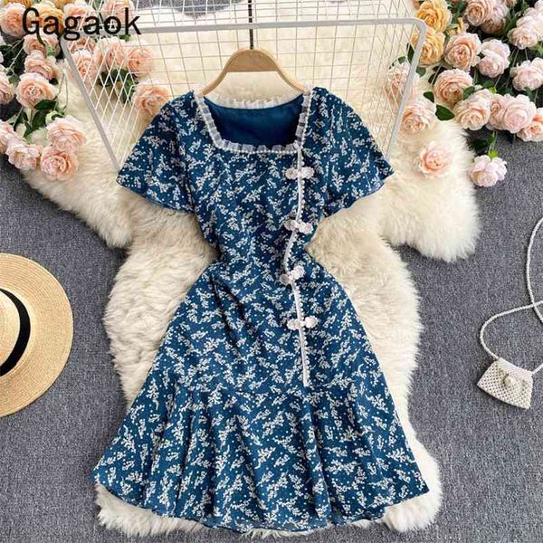 

woman dress summer chinese style beaded square collar mini retro short sleeves dresses slim fashion chic vestidos 210531, Black;gray