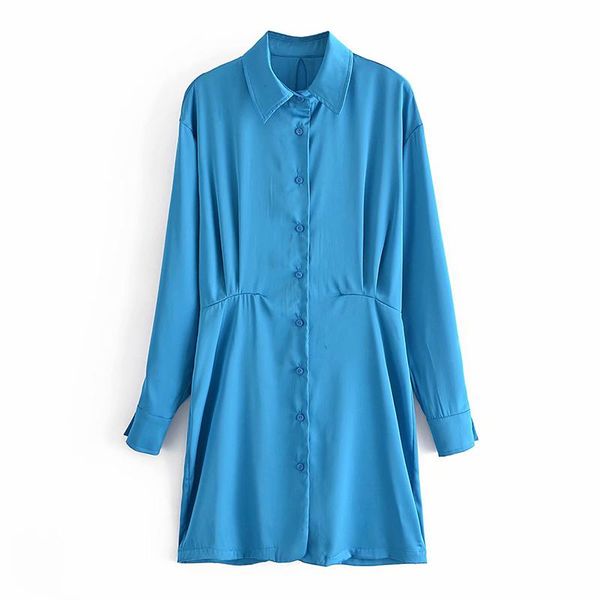 Casual Kleider YENKYE Vintage Blau Satin Hemd Kleid Frauen Revers Kragen Langarm Kurzarm Sommer Plus Größe Vestido