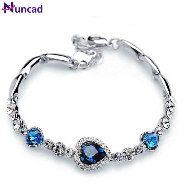 

charm bracelets nuncad one piece women girls ocean blue sliver plated crystal heart bracelet bracciali donna gift jewelry bileklik wholesale, Golden;silver