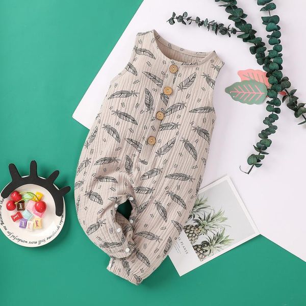 

jumpsuits summer born infant baby romper boys girls ribbed linen feather button sleeveless jumpsuit clothes 0-18 months, Blue