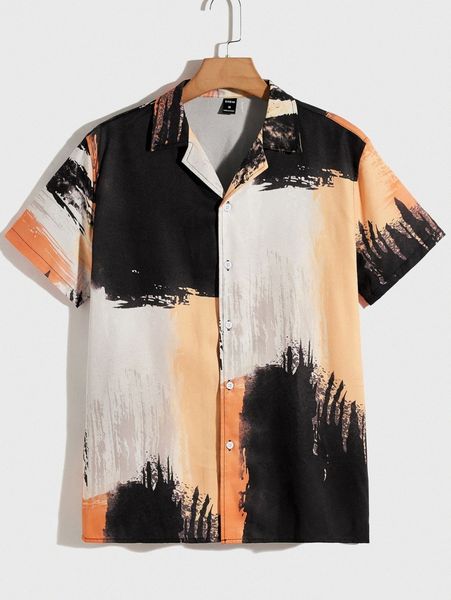 

men notched collar brush stroke print shirt h40t#, White;black