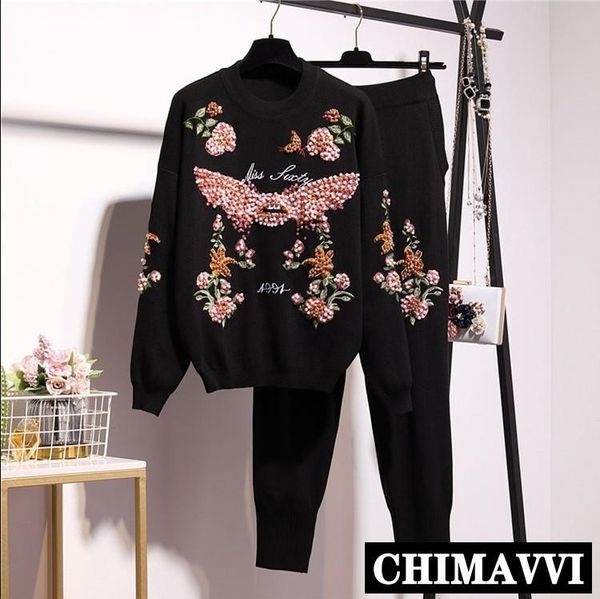

women's two piece pants knitted set women long sleeve and 2021 fall winter pearl beads floral sweater outfits, White