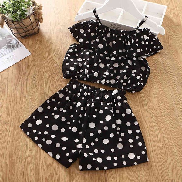 

summer girls clothing sets suspenders polka dot print + shorts fashion children's 2-piece 2-6y 210515, White