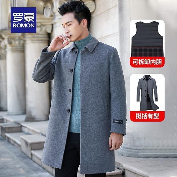 

men's wool & blends romon 2021 winter mid-length woolen coat double-sided detachable down liner 6d0268581, Black