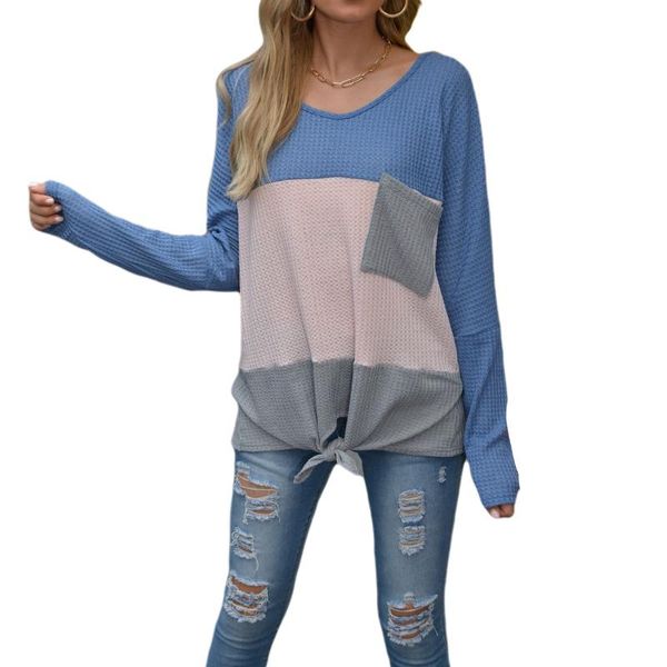 

women's t-shirt fall striped patchwork elastic party clothes round neck loose warm front pocket pullover, White