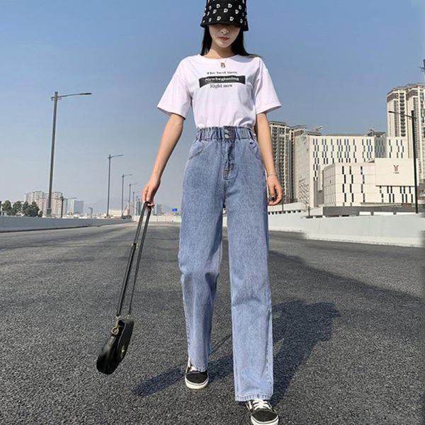 

spring autumn elastic waist straight-leg women's retro jeans fashion youth loose and thin mopping wide-leg trousers, Blue