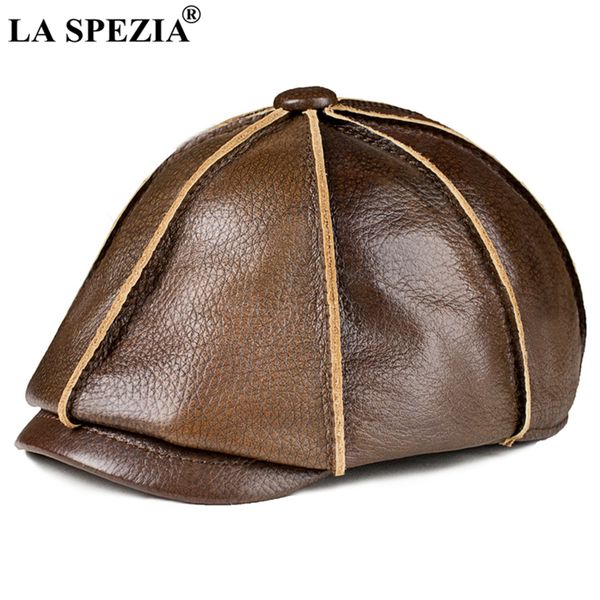 

men's leather cap cowskin newsboy cap real leather octagonal hat dark brown vintage mens peaky blinders berets flat peaked cap, Blue;gray