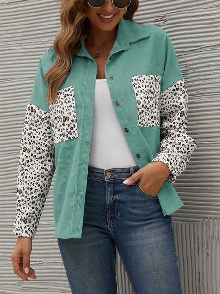 

women's jackets fashion girls long sleeve loose shirt, spring fall ladies leisure leopard print splicing lapel corduroy single-breasted, Black;brown