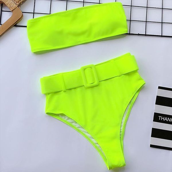 

neon green high waist womens swimsuits bikini women thong female two pieces set buckle waistband bathing suit, White;black