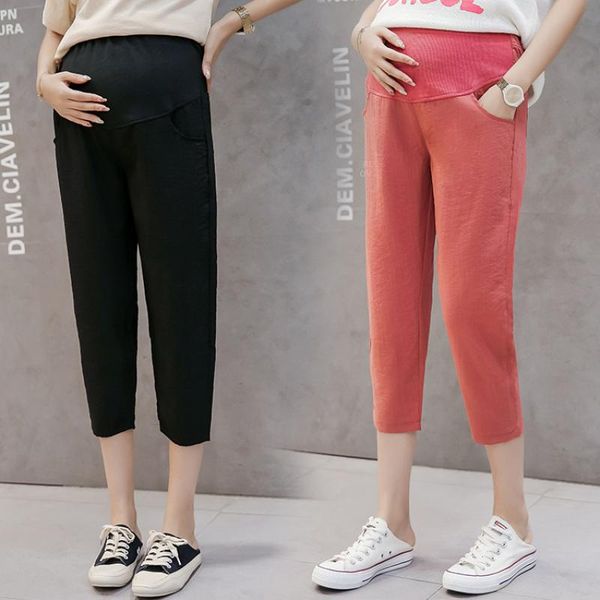 

maternity bottoms 1986# summer thin linen capris pants casual harem clothes for pregnant women pregnancy high waist belly trousers, White