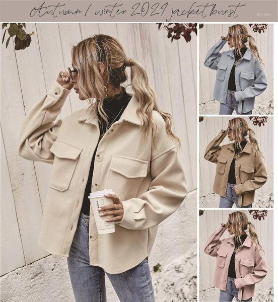 

women's wool & blends donsignet 2021 autumn winter turn-down collar single breasted thickening loose casual coats for women, Black