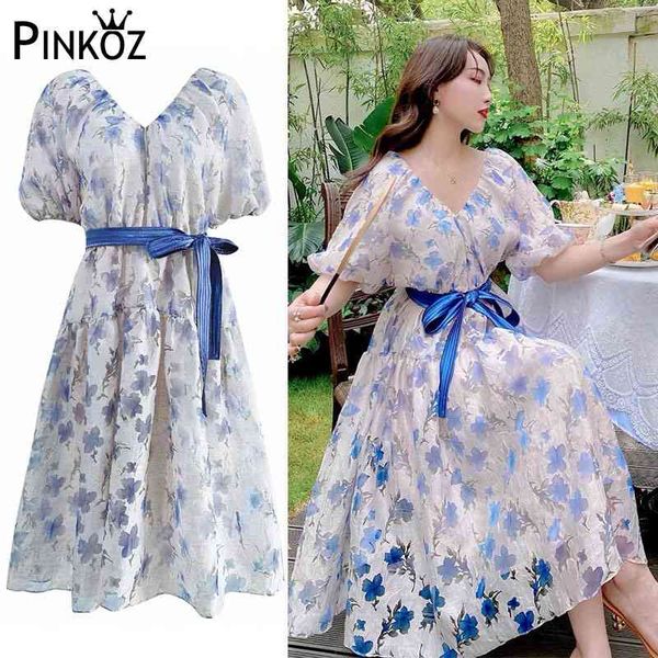 

french vintage midi dress blue floral puff sleeve high waist female a-line party sweet v-neck dresses with belt vestidos 210421, Black;gray