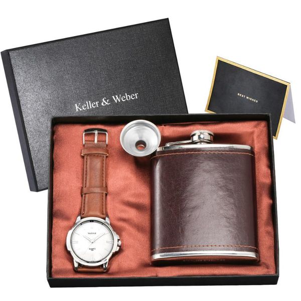 

wristwatches gifts set included quartz leather men watch brown hip flask funnel chic present box timepiece for male, Slivery;brown