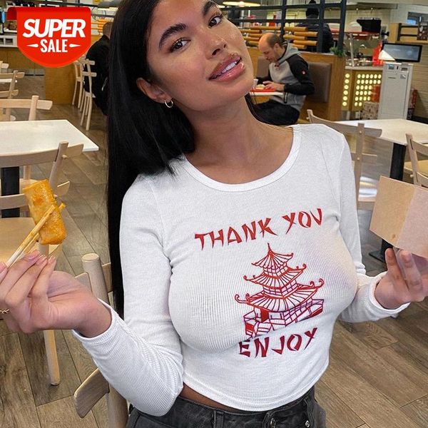 

[in stock]european and american women's summer round neck slim 27057p letter architectural printing long-sleeved t-shirt women #9s8l, White