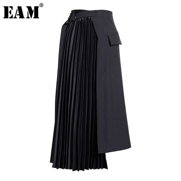

[eam] highwaist black asymmetrical pleated temperament half-body skirt women fashion tide new spring autumn 19a-a779 210325