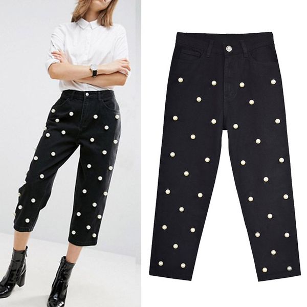 

women's jeans 2021 jeans high waist claf-length pearl beading black straight denim pants pantalon femme w93a, Blue