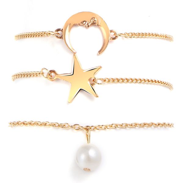 

simple bracelet 3-piece set star moon artificial pearl pendant bracelet set, Silver