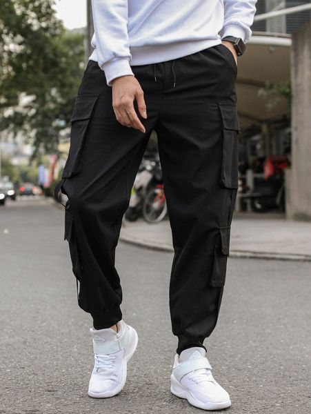 

men flap pocket solid cargo pants h3mo#, Black