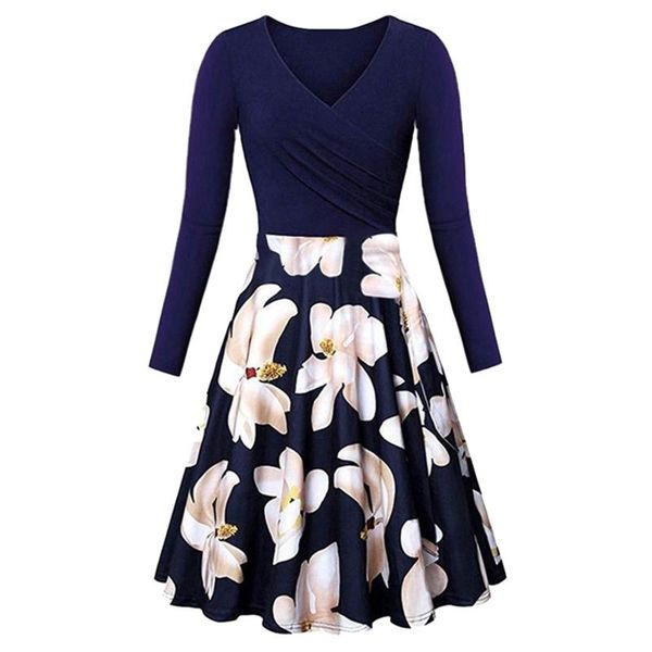 

casual dresses collar mini dress female button slim party 2021 women's fashion autumn floral print a-line long sleeve v-neck elegant, Black;gray