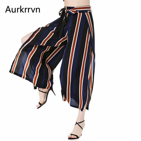 

women's pants & capris avrkrrvn striped split wide leg woman vacation lace up loose long womens boho oversize ol trousers lady 2021, Black;white