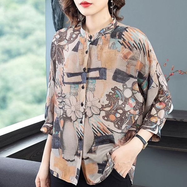 

women's blouses & shirts imitation silk shirt women 2021 spring and summer fashion printing stand-up collar three-quarter sleeve retro, White