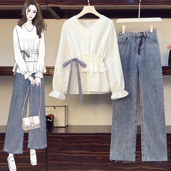 

women's two piece pants women 2 sets korean style leisure trendy solid v-neck blouses and high waist denim female suit outfit q658, White