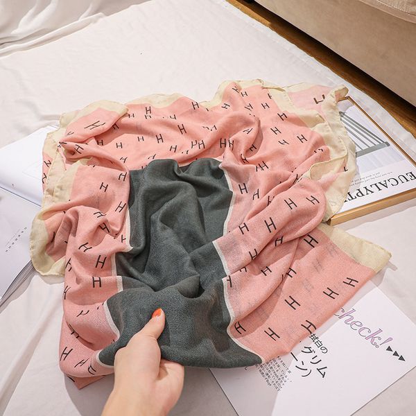 

korea dongdamen cotton len women's warm silk scarf autumn and wter fashion prtg h letter bib shawl in summer, Blue;gray