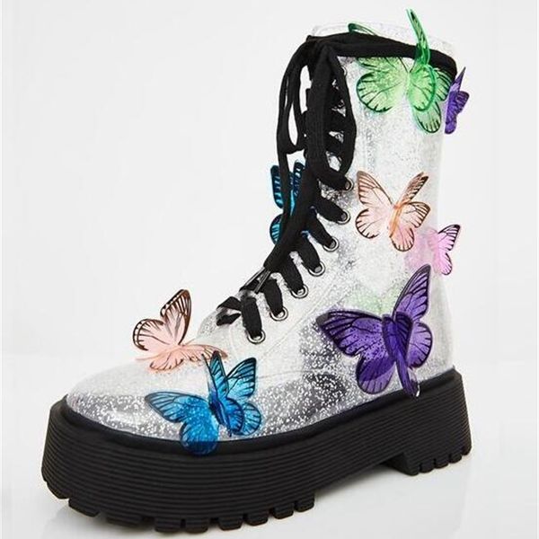 

boots 3d colored butterflies transparent girls lace up front zipper style of the punk heel gross foot twirl short torozelo lady l2tm, Black