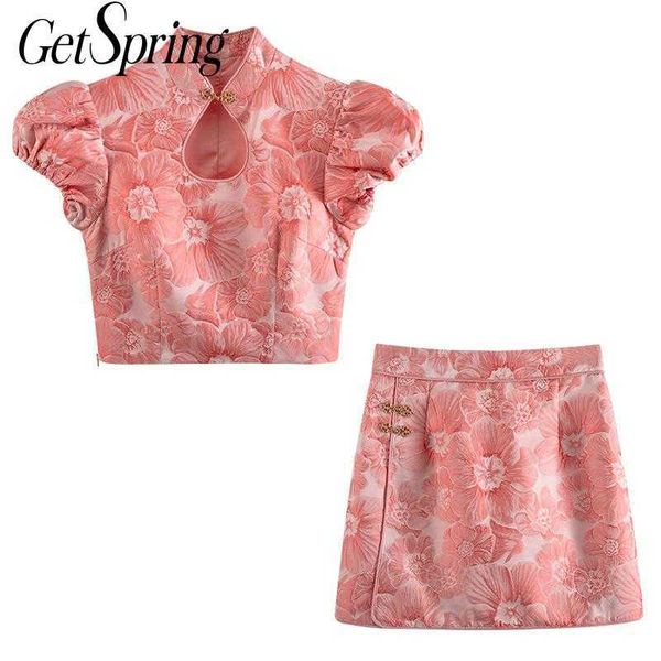

getspring women set skirt s puff sleeve short high waist skirts printing vintage 2 piece 210601, White