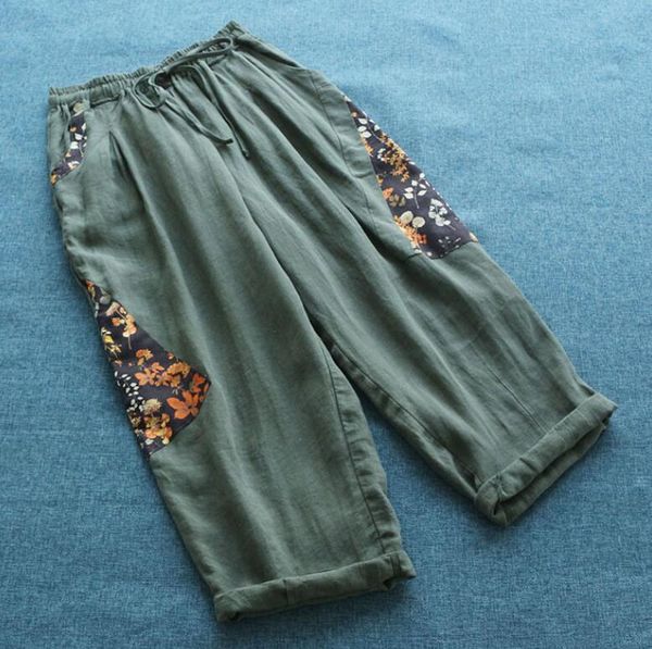 

women's pants & capris women cotton linen elastic waist patchwork 2021 spring summer loose pockets harem big size trousers, Black;white