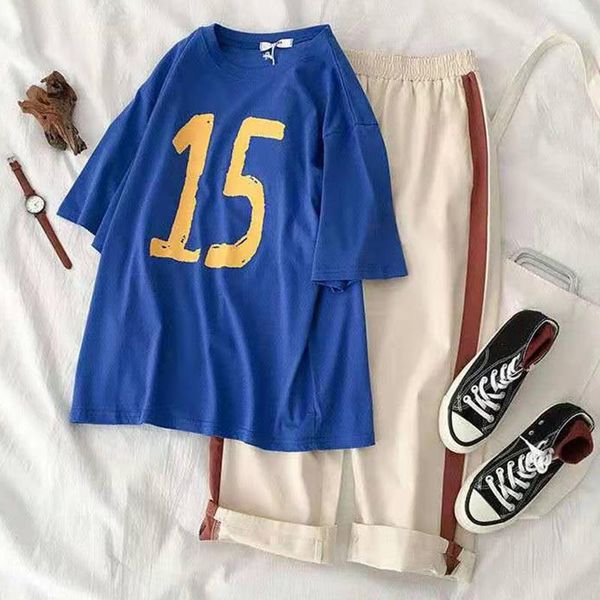 

set female students summer korean print short-sleeved t-shirt + casual long pants women's tracksuits, Gray