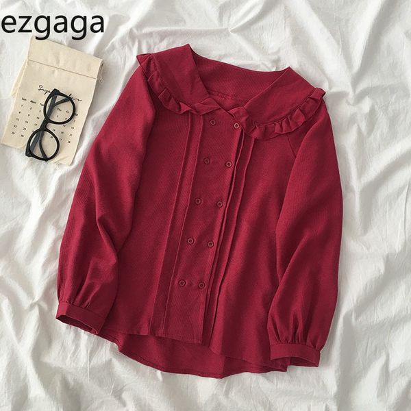 

ezgaga women shirts casual peter pan collar chic long sleeve solid double breasted loose ruffles sweet girl fashion shirts 210430, White