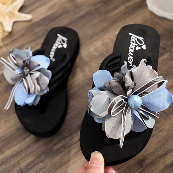 

girl bow summer sandals slipper indoor outdoor flip-flops beach shoes child pearl fashion slippers ladies flats s634 210712, Black;grey