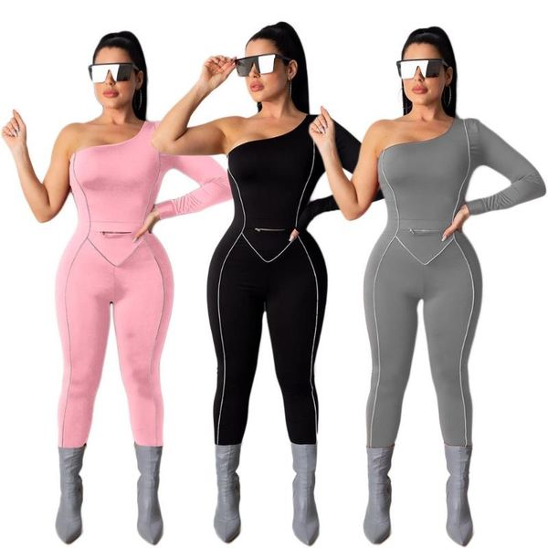 

women's jumpsuits & rompers simple style solid color full sleeve one-shoulder asymmetrical autumn streetwear women skinny ankle-length, Black;white