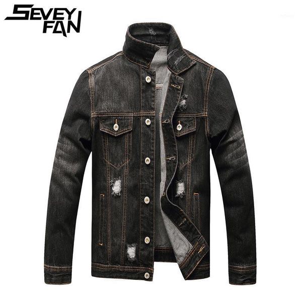 

men's jackets seveyfan denim jacket multi pockets personality motorcycle loose black coat for male, Black;brown