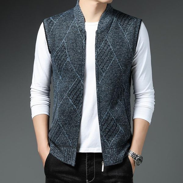 

men's sweaters autumn/winter vest knit slim fit all-match baseball collar cardigan sleeveless fleece warm sweater, White;black