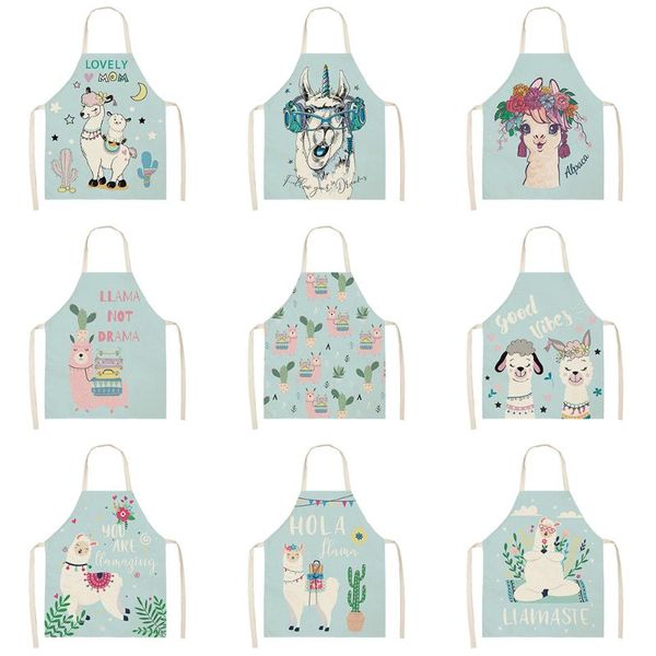 

aprons cartoon alpaca kitchen cooking for women chefs baking bibs cotton linen pinafore oil-proof cleaning apron delantal cocina