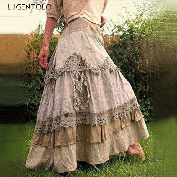 

lugentolo women harajuku skirt spring pleated casual stitching lace big swing loose cupcake female long skirts plus size 5xl, Black
