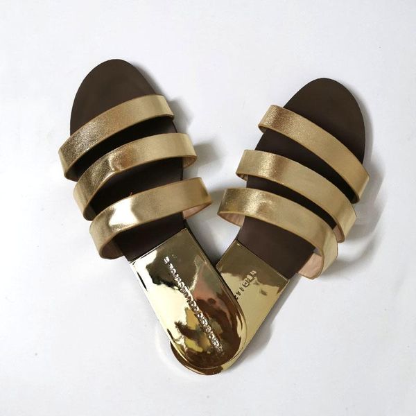 

slippers three stripe flat bottom ladies large size summer outside wear fashion woman shoes soft leather open toe slides, Black