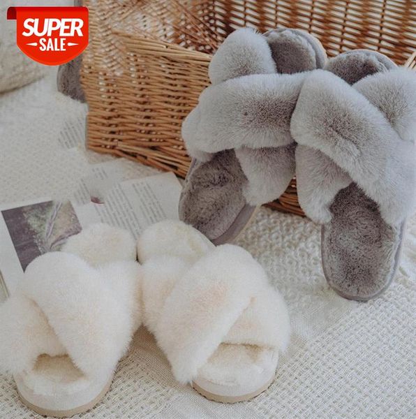 

2021 winter new women soft plush furry cross band 3cm heel fur women shoes indoor ladies platform open toe fluffy house slippers #og9a, Black